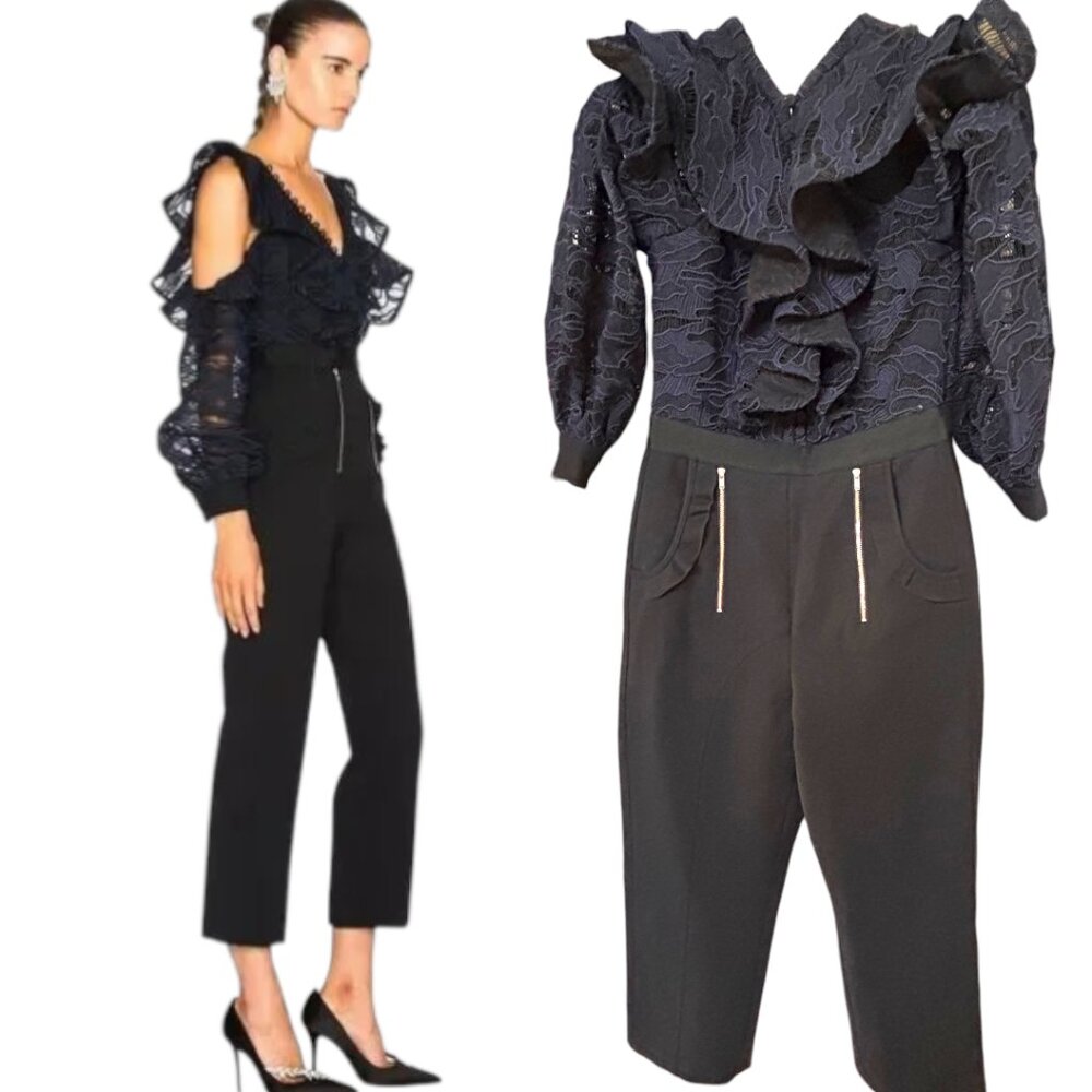 SELF PORTRAIT NAVY LACE COLD SHOULDER BLACK JUMPSUIT SIZE‎ 6 EUC